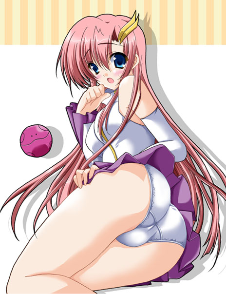 kisaraki kanata, haro, lacus clyne, gundam, gundam seed, 00s, :o, ass, blue eyes, blush, clothes lift, detached sleeves, embarrassed, from behind, hair ornament, hairclip, idk, long hair, looking back, miniskirt, open mouth, panties, pink hair, skirt, skirt lift, solo, surprised, thighs, underwear, upskirt, white panties