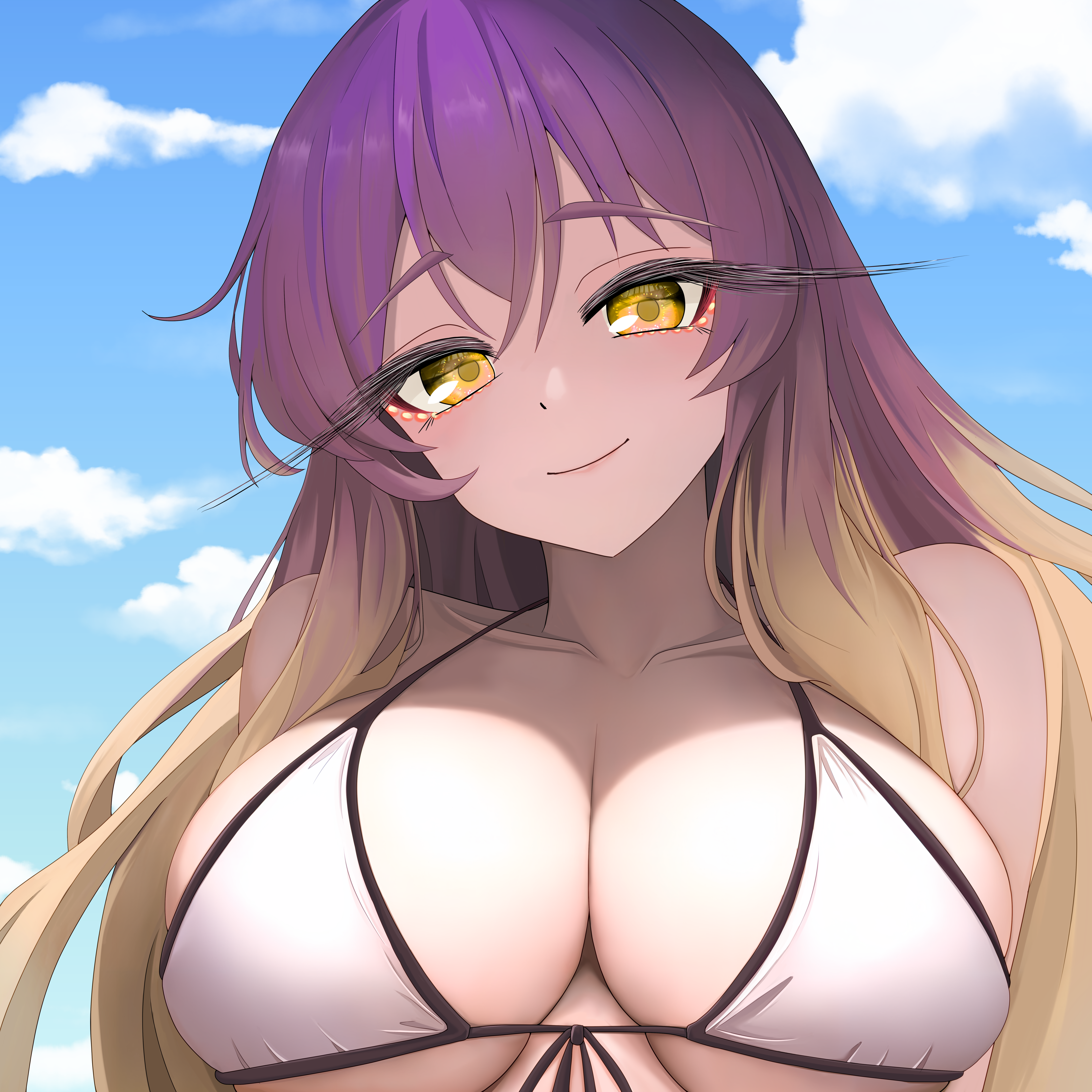 sugar you, hijiri byakuren, touhou, absurdres, commentary request, highres, 1girl, bikini, blue sky, breasts, brown hair, closed mouth, cloud, collarbone, gradient hair, large breasts, long eyelashes, long hair, looking at viewer, multicolored hair, outdoors, purple hair, sky, smile, solo, swimsuit, upper body, white bikini, yellow eyes