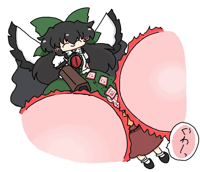 kuuinusuki, hakurei reimu, reiuji utsuho, subterranean animism, touhou, commentary request, 2girls, ^ ^, arm cannon, black hair, bow, cape, closed eyes, closed mouth, gameplay mechanics, grazing (danmaku), green bow, green skirt, hair bow, long hair, multiple girls, power item (touhou), simple background, skirt, smile, speech bubble, spell card, third eye, weapon, white background, white cape