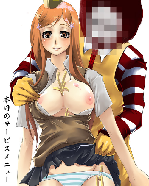 inoue orihime, ronald mcdonald, bleach, mcdonald's, translated, 00s, afro, bra, breasts, censored, clothes lift, food, french fries, huge breasts, large breasts, lingerie, long hair, nipples, open clothes, open shirt, orange hair, panties, shirt, skirt, skirt lift, striped clothes, striped panties, underwear, what, you gonna get raped