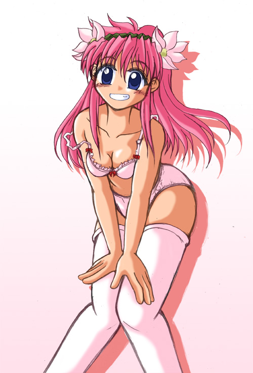 d.a, milfeulle sakuraba, broccoli (company), galaxy angel, 00s, 1girl, blue eyes, bow, bow bra, bra, female focus, flower, grin, hair flower, hair ornament, lingerie, long hair, panties, pink bra, pink hair, pink panties, smile, solo, strap slip, thighhighs, underwear, underwear only, white thighhighs