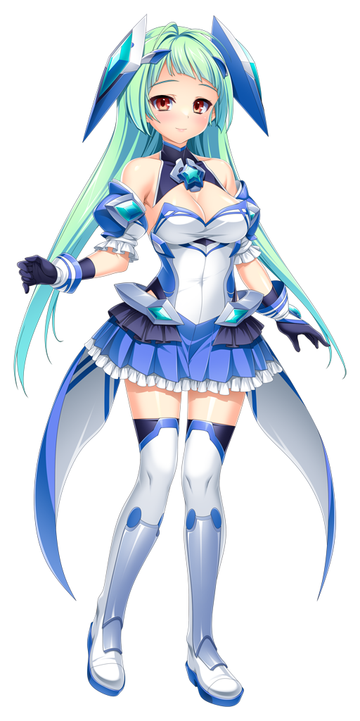 kamitsurugi ouka, exs-tia aqua, kunijima chiaki, kouyoku senki exs-tia concert, game cg, large variant set, non-web source, official art, variant set, 1girl, aqua hair, bare shoulders, black gloves, blue skirt, blush, boots, breasts, chest jewel, cleavage, detached sleeves, floating headgear, frilled skirt, frills, full body, gloves, green hair, headgear, large breasts, long hair, looking at viewer, magical girl, miniskirt, orange eyes, pleated skirt, red eyes, skirt, smile, solo, standing, tachi-e, thigh boots, thighhighs, transparent background, very long hair, zettai ryouiki