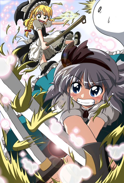 d.a, kirisame marisa, konpaku youmu, konpaku youmu (ghost), touhou, silver hair, 2girls, blonde hair, blue eyes, braid, broom, dual wielding, female focus, gradient background, hat, holding, katana, long hair, multiple girls, sword, tanto, weapon, witch, witch hat