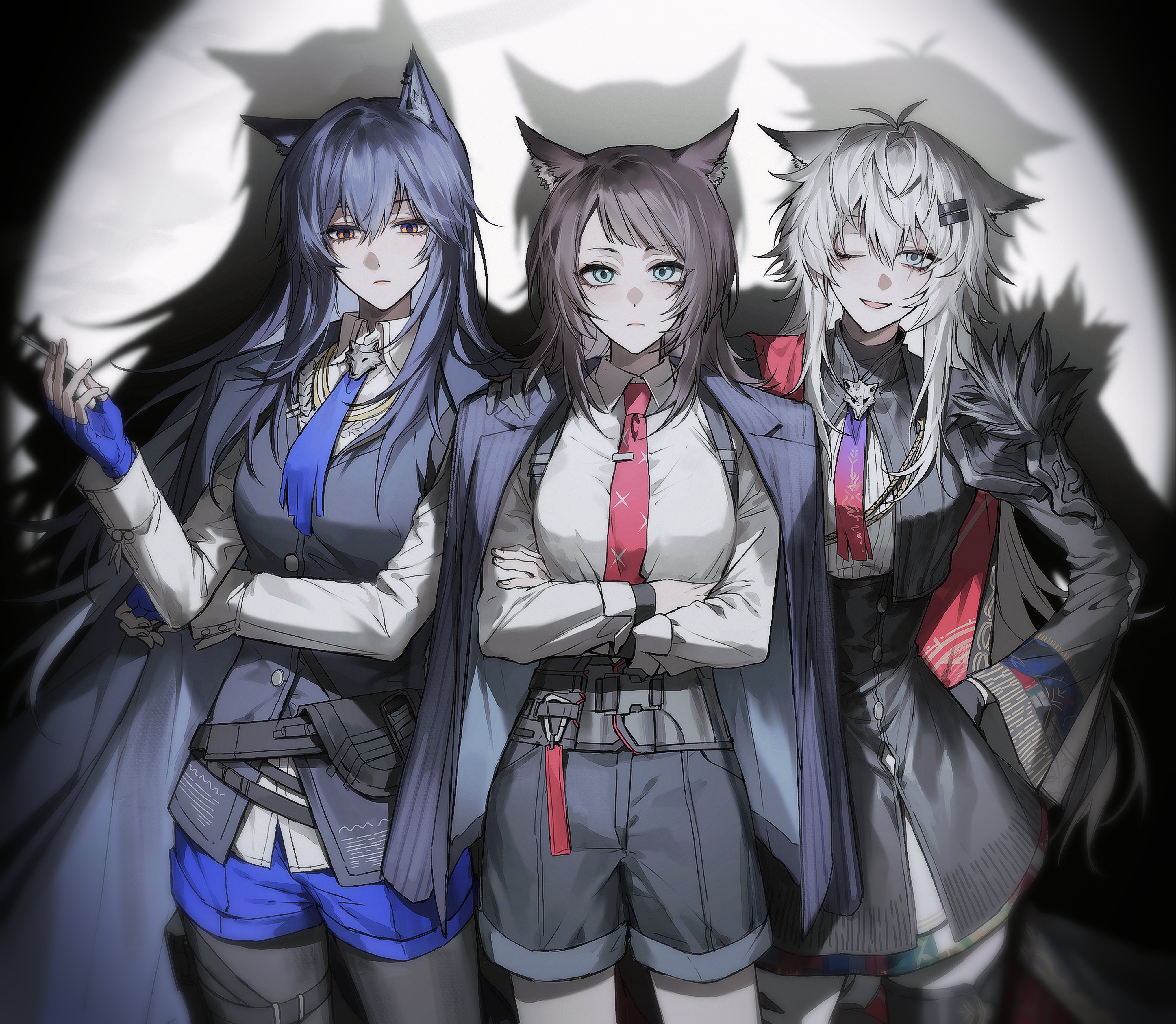 ara 200117, lappland (arknights), lappland the decadenza (arknights), texas (arknights), texas the omertosa (arknights), yahata umiri, arknights, bang dream!, bang dream! it's mygo!!!!!, absurdres, commentary request, highres, korean commentary, 3girls, animal ears, belt pouch, black dress, black gloves, black hair, black jacket, black shorts, blue eyes, blue shorts, breasts, closed mouth, collared shirt, cowboy shot, crossed arms, crossover, dress, gloves, gradient necktie, grey eyes, grey hair, hair between eyes, hair ornament, hairclip, hand up, jacket, jacket on shoulders, kemonomimi mode, long hair, long sleeves, looking at viewer, medium breasts, medium hair, multicolored necktie, multiple girls, necktie, one eye closed, pouch, red necktie, scar, scar across eye, scar on face, shadow, shirt, shorts, smile, spotlight, standing, two-tone necktie, white shirt, wolf ears, wolf girl, yahata umiri (moonlight executioner)