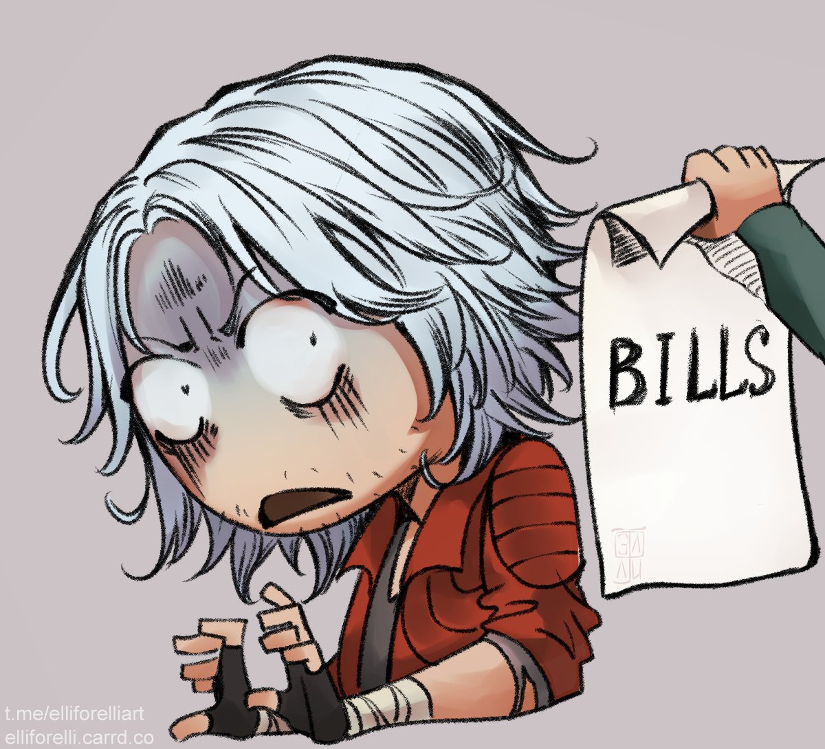 dante (devil may cry), devil may cry (series), devil may cry 5, 1boy, blue eyes, chibi, coat, facial hair, fingerless gloves, forellielli, gloves, holding, jacket, male focus, medium hair, open mouth, red coat, scared, shirt, simple background, stubble, surprised, white hair, wide-eyed