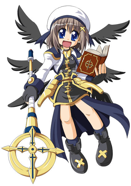 d.a, schwertkreuz, tome of the night sky, yagami hayate, lyrical nanoha, mahou shoujo lyrical nanoha, mahou shoujo lyrical nanoha a's, 00s, 1girl, black wings, blue eyes, book, brown hair, chibi, female focus, fingerless gloves, gloves, hair ornament, hat, miniskirt, skirt, solo, staff, transparent background, wings, x hair ornament