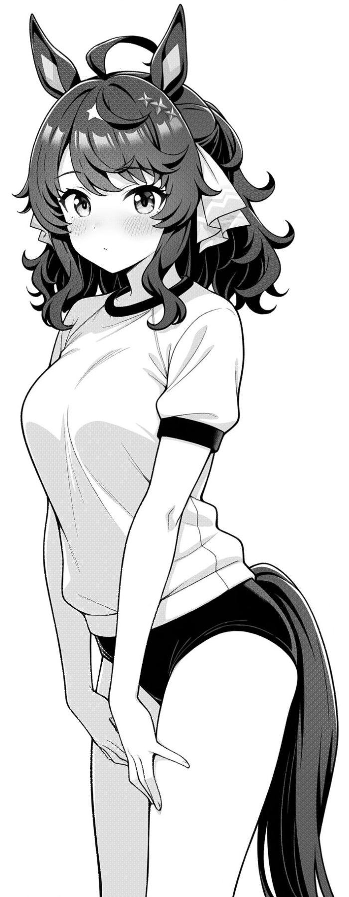 akagi koku, daring tact (umamusume), umamusume, commentary, highres, 1girl, ahoge, animal ears, blush, breasts, buruma, closed mouth, cowboy shot, greyscale, gym shirt, gym uniform, hair ribbon, horse ears, horse girl, horse tail, large breasts, long hair, looking at viewer, monochrome, ribbon, shirt, short sleeves, simple background, solo, tail