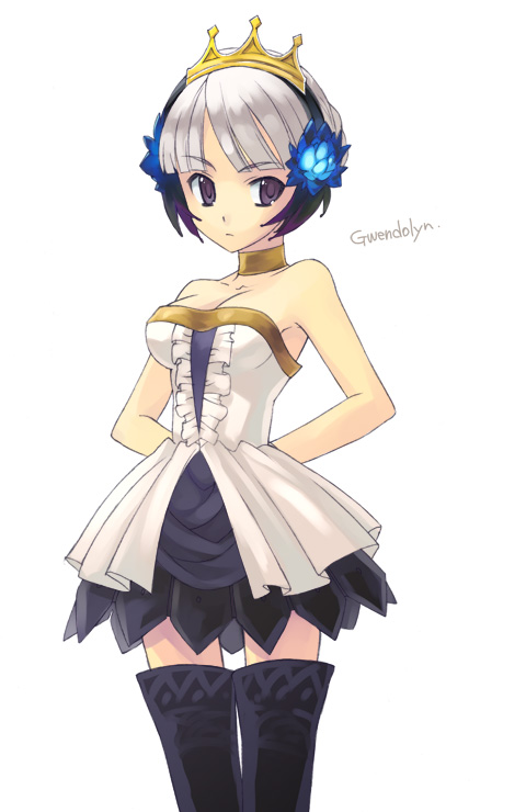 takigawa yuu, gwendolyn (odin sphere), odin sphere, silver hair, 1girl, arms behind back, black thighhighs, blush, breasts, cleavage, collarbone, dress, female focus, looking at viewer, pteruges, purple eyes, short hair, simple background, solo, strapless, strapless dress, thighhighs, white background, white dress, zettai ryouiki