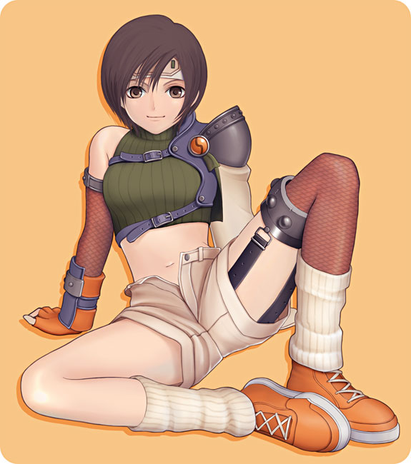 suhara (protea), ninja (final fantasy), yuffie kisaragi, final fantasy, final fantasy vii, square enix, 1990s (style), 1girl, armor, bare shoulders, brown eyes, brown hair, female focus, fishnets, headband, loose socks, midriff, ninja, open fly, retro artstyle, shoes, short hair, shorts, sleeveless, sleeveless turtleneck, sneakers, socks, solo, spread legs, thighhighs, turtleneck, unzipped