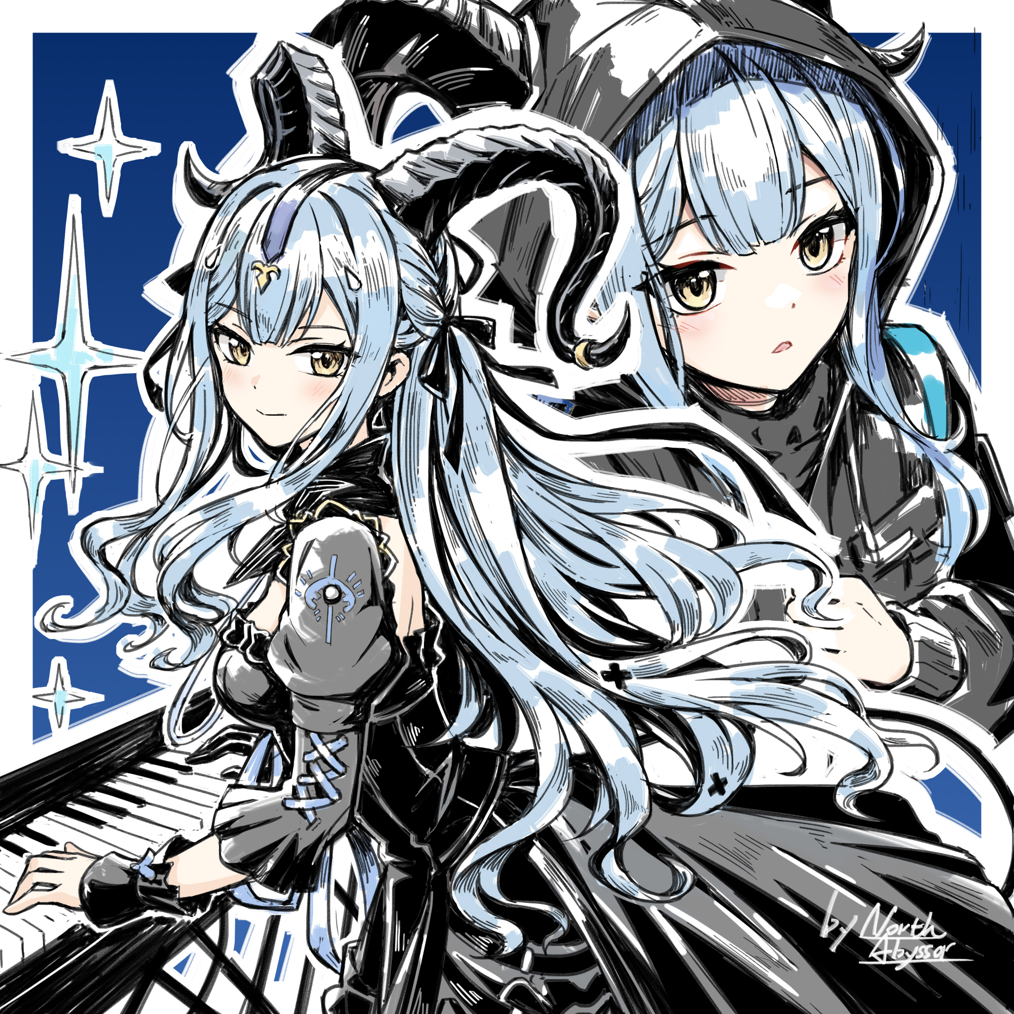 north abyssor, togawa sakiko, arknights, bang dream!, bang dream! it's mygo!!!!!, highres, 1girl, black dress, black horns, black jacket, black ribbon, blue background, blue hair, border, closed mouth, curled horns, dress, hair ribbon, hood, hood up, hooded jacket, horn ornament, horn ring, horns, instrument, jacket, keyboard (instrument), long hair, looking at viewer, looking back, multiple views, music, outline, playing instrument, ribbon, sidelocks, smile, sparkle, togawa sakiko (master of melodia), white border, white outline, yellow eyes