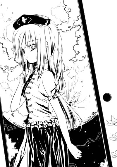 torii sumi, yagokoro eirin, touhou, 1girl, belt, blush, doorknob, dress, female focus, greyscale, hat, looking at viewer, monochrome, nurse cap, puffy short sleeves, puffy sleeves, short sleeves, sliding doors, solo, standing, star (sky)