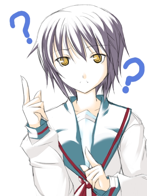 ribi, nagato yuki, suzumiya haruhi no yuuutsu, 00s, 1girl, ?, female focus, pointing, pointing up, purple hair, school uniform, serafuku, short hair, simple background, solo, white background, yellow eyes