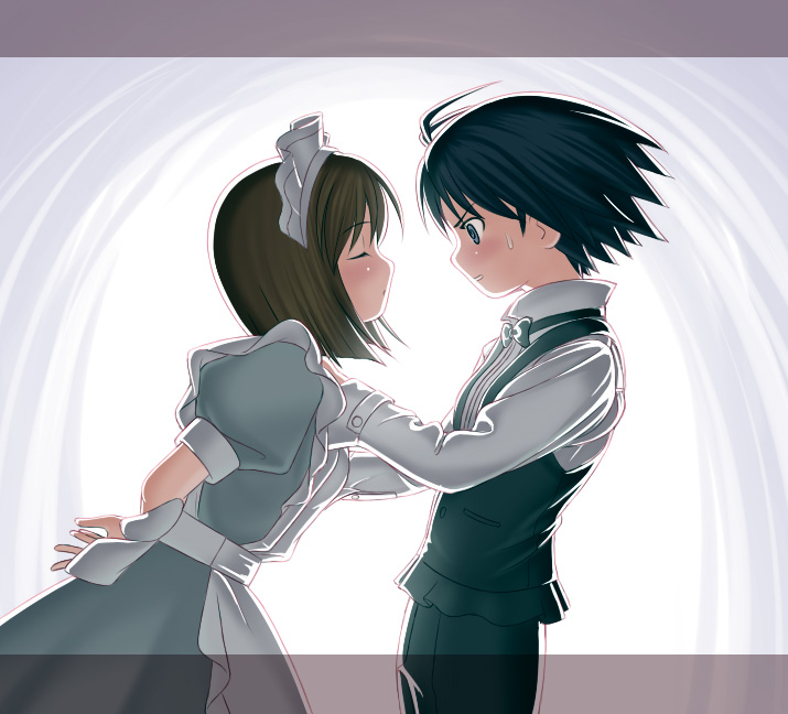 nekopuchi, hagiwara yukiho, kikuchi makoto, idolmaster, idolmaster (classic), idolmaster 1, 00s, 2girls, androgynous, antenna hair, formal clothes, maid, multiple girls, short hair, sweatdrop, tuxedo, yuri