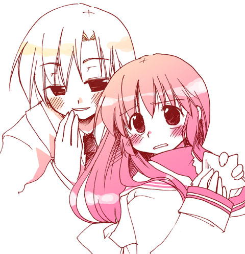 makiemon, ibuki fuuko, sunohara youhei, clannad, lowres, 00s, 1boy, 1girl, blonde hair, blush, clenched teeth, long sleeves, looking at viewer, pink hair, sailor collar, scared, school uniform, serafuku, short hair, simple background, teeth, upper body, whispering, white background
