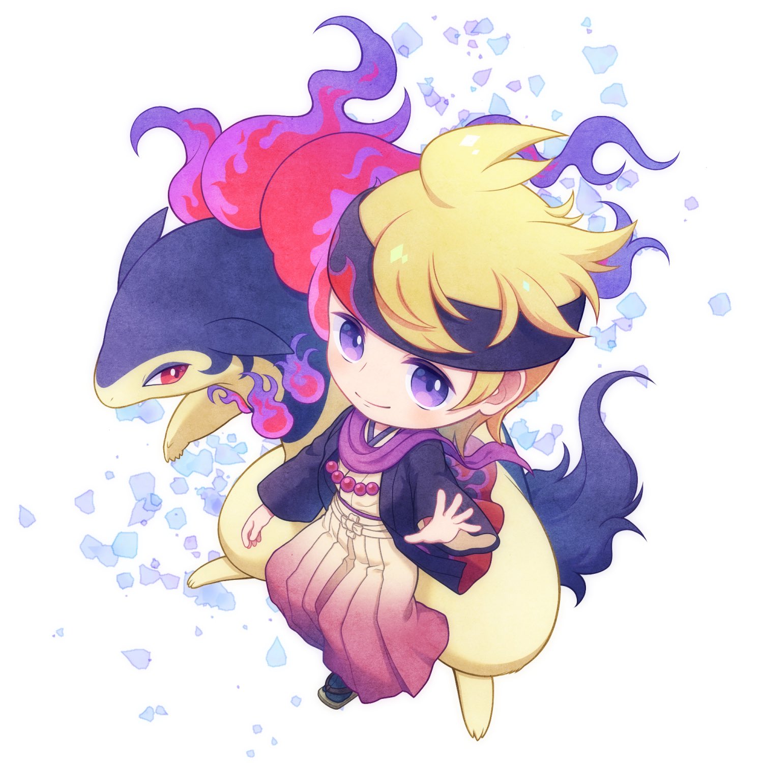 kiria miri, hisuian typhlosion, morty (academy) (pokemon), morty (pokemon), nintendo, pokemon, pokemon masters ex, highres, 1boy, blonde hair, chibi, fire, headband, looking at viewer, official alternate costume, pokemon (creature), purple eyes, purple fire, purple headband, purple scarf, scarf