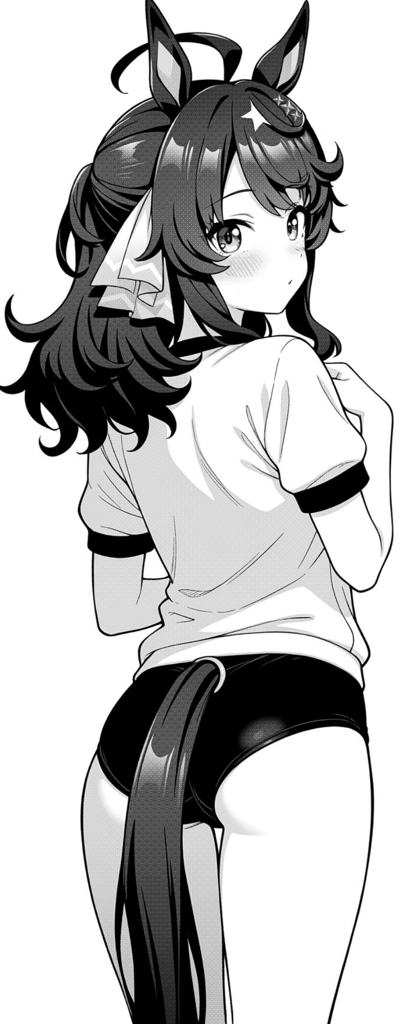 akagi koku, daring tact (umamusume), umamusume, commentary, highres, 1girl, ahoge, animal ears, ass, blush, buruma, closed mouth, cowboy shot, from behind, greyscale, gym shirt, gym uniform, hair ribbon, hand up, horse ears, horse girl, horse tail, long hair, looking at viewer, looking back, monochrome, ribbon, shirt, short sleeves, simple background, solo, tail