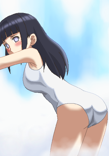awa, hyuuga hinata, naruto (classic), naruto (series), lowres, 1girl, armpits, blunt bangs, covered mouth, cowboy shot, day, female focus, from side, jaggy lines, oekaki, one-piece swimsuit, outdoors, solo, swimsuit, white one-piece swimsuit