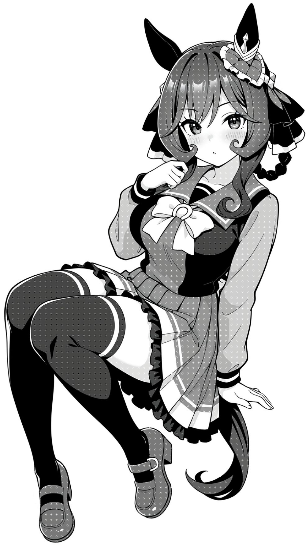 akagi koku, gentildonna (umamusume), umamusume, commentary, highres, 1girl, blush, bow, bowtie, breasts, collarbone, frilled skirt, frills, full body, greyscale, hair ribbon, hand up, horse girl, horse tail, large breasts, long hair, long sleeves, looking at viewer, monochrome, parted lips, pleated skirt, ribbon, sailor collar, school uniform, shirt, shoes, simple background, skirt, solo, tail, thighhighs, tracen school uniform, zettai ryouiki