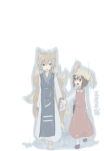 itsutsu, chen, yakumo ran, touhou, light brown hair, 2girls, animal ears, animal hat, blonde hair, brown eyes, brown hair, dress, female focus, fox ears, fox tail, hat, holding hands, long sleeves, looking at another, mob cap, multiple girls, multiple tails, open mouth, rain, short hair, tabard, tail, unworn hat, unworn headwear, white background, wide sleeves
