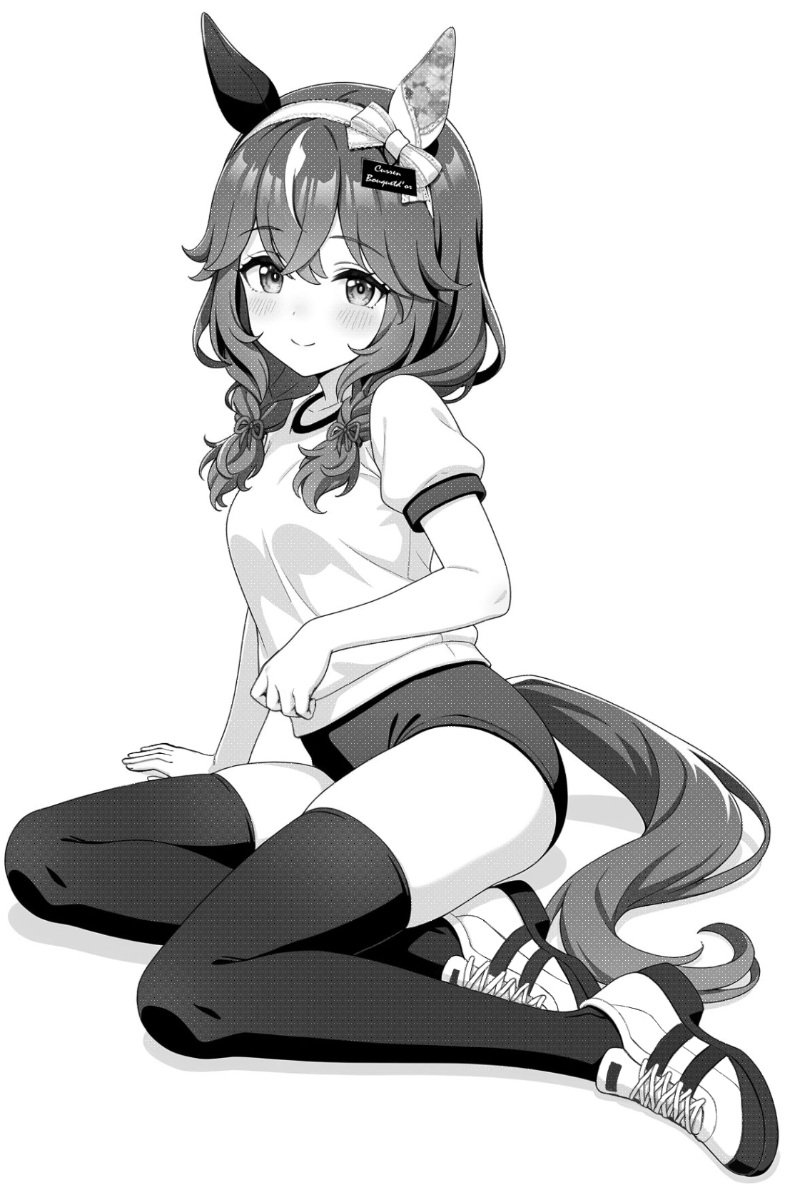 akagi koku, curren bouquetd'or (umamusume), umamusume, commentary, highres, 1girl, animal ears, blush, braid, buruma, closed mouth, full body, greyscale, gym shirt, gym uniform, hair between eyes, hairband, horse ears, horse girl, horse tail, long hair, looking at viewer, monochrome, shirt, shoes, short sleeves, simple background, sitting, smile, sneakers, solo, tail, thighhighs, twin braids