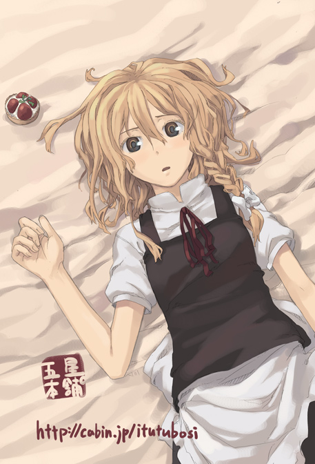 itsutsu, kirisame marisa, touhou, 1girl, bed, blonde hair, bow, braid, female focus, hair bow, long hair, lying, ribbon, signature, solo