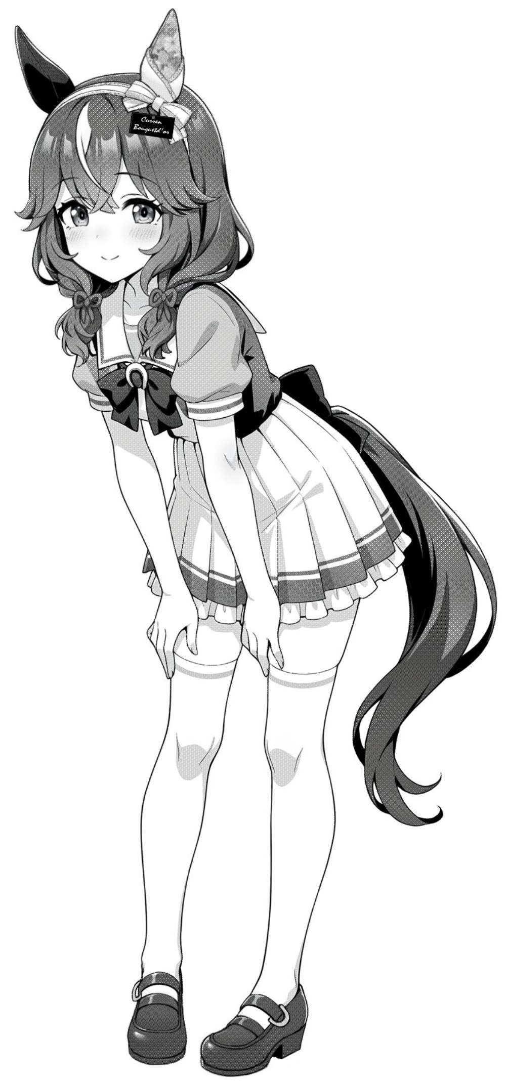 akagi koku, curren bouquetd'or (umamusume), umamusume, commentary, highres, 1girl, animal ears, back bow, blush, bow, bowtie, braid, closed mouth, collarbone, frilled skirt, frills, full body, greyscale, hair between eyes, hairband, horse ears, horse girl, horse tail, long hair, looking at viewer, monochrome, pleated skirt, sailor collar, school uniform, shirt, shoes, short sleeves, simple background, skirt, smile, solo, standing, tail, thighhighs, tracen school uniform, twin braids, zettai ryouiki