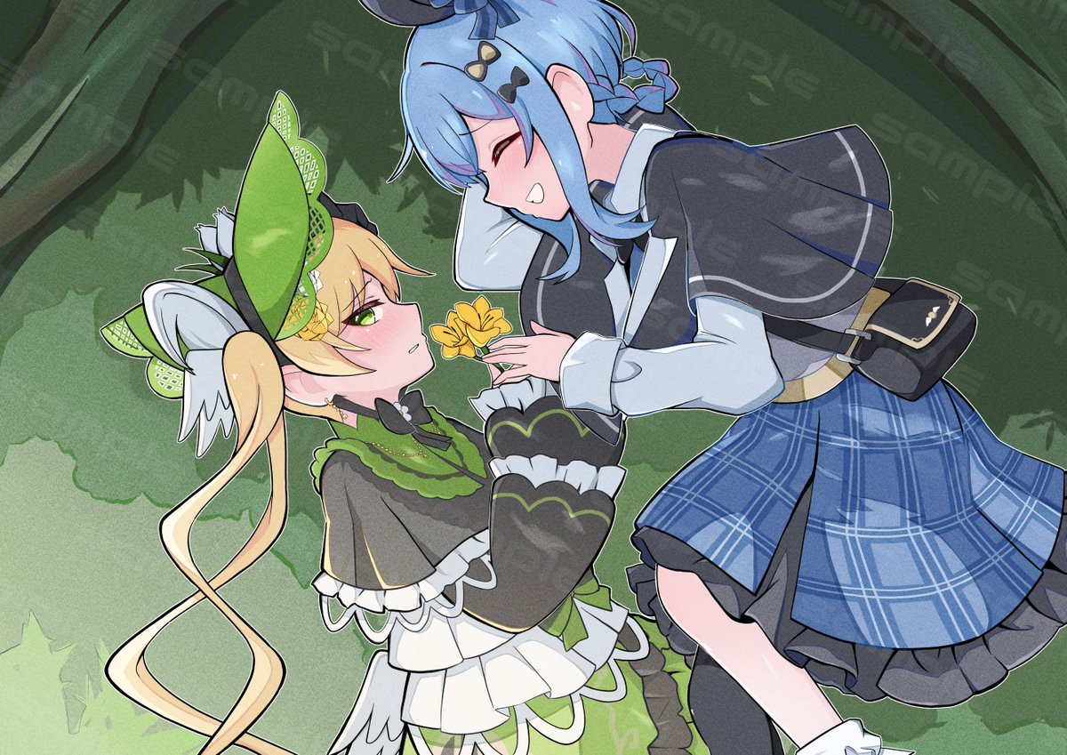 tachibana sherry, toono hanna, mahou shoujo no majo saiban, commentary request, commission, 2girls, asymmetrical legwear, averting eyes, black bag, black capelet, black hat, blonde hair, blue hair, blue skirt, blush, bonnet, braid, braided hair rings, capelet, dress, feet out of frame, frilled capelet, frilled dress, frilled skirt, frilled sleeves, frills, from above, green bonnet, green dress, green eyes, hair rings, hat, long hair, long sleeves, lying, magical girl, mononobe nekuro, multiple girls, on grass, on side, plaid clothes, plaid skirt, profile, sample watermark, short hair, shy, skirt, smile, watermark, yuri