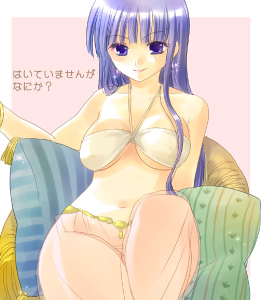minase ruruu, 1girl, blue eyes, blue hair, breasts, female focus, large breasts, long hair, matching hair/eyes, see-through clothes, sitting, smile, solo