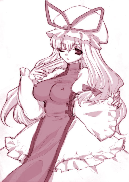 maitou, yakumo yukari, touhou, 1girl, breasts, covered erect nipples, dress, female focus, hat, monochrome, simple background, solo, white background