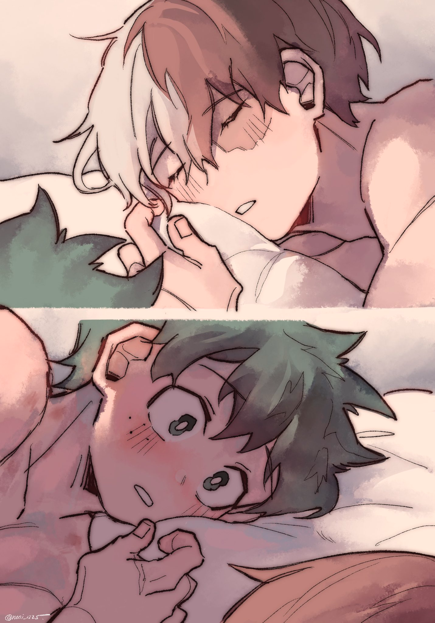 runi 1225, midoriya izuku, todoroki shoto, boku no hero academia, 2koma, :o, blush, comic, curly hair, freckles, green eyes, hickey marks, multicolored hair, nude, on bed, pillow, red hair, scar, sleeping, two-tone hair, white hair