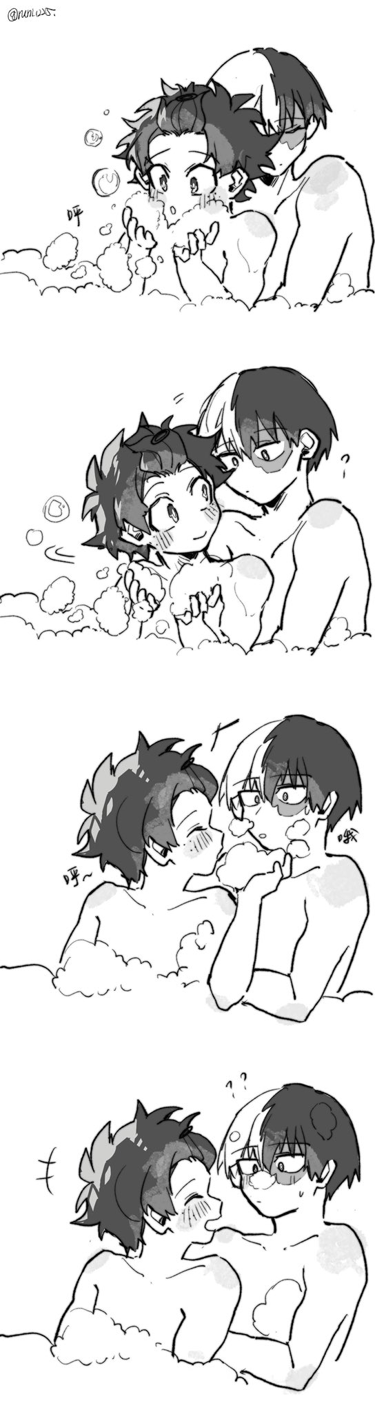 runi 1225, midoriya izuku, todoroki shoto, boku no hero academia, 4koma, bath, bathing, blush, bubble, comic, curly hair, freckles, multicolored hair, playing, scar, smile, tododeku, two-tone hair