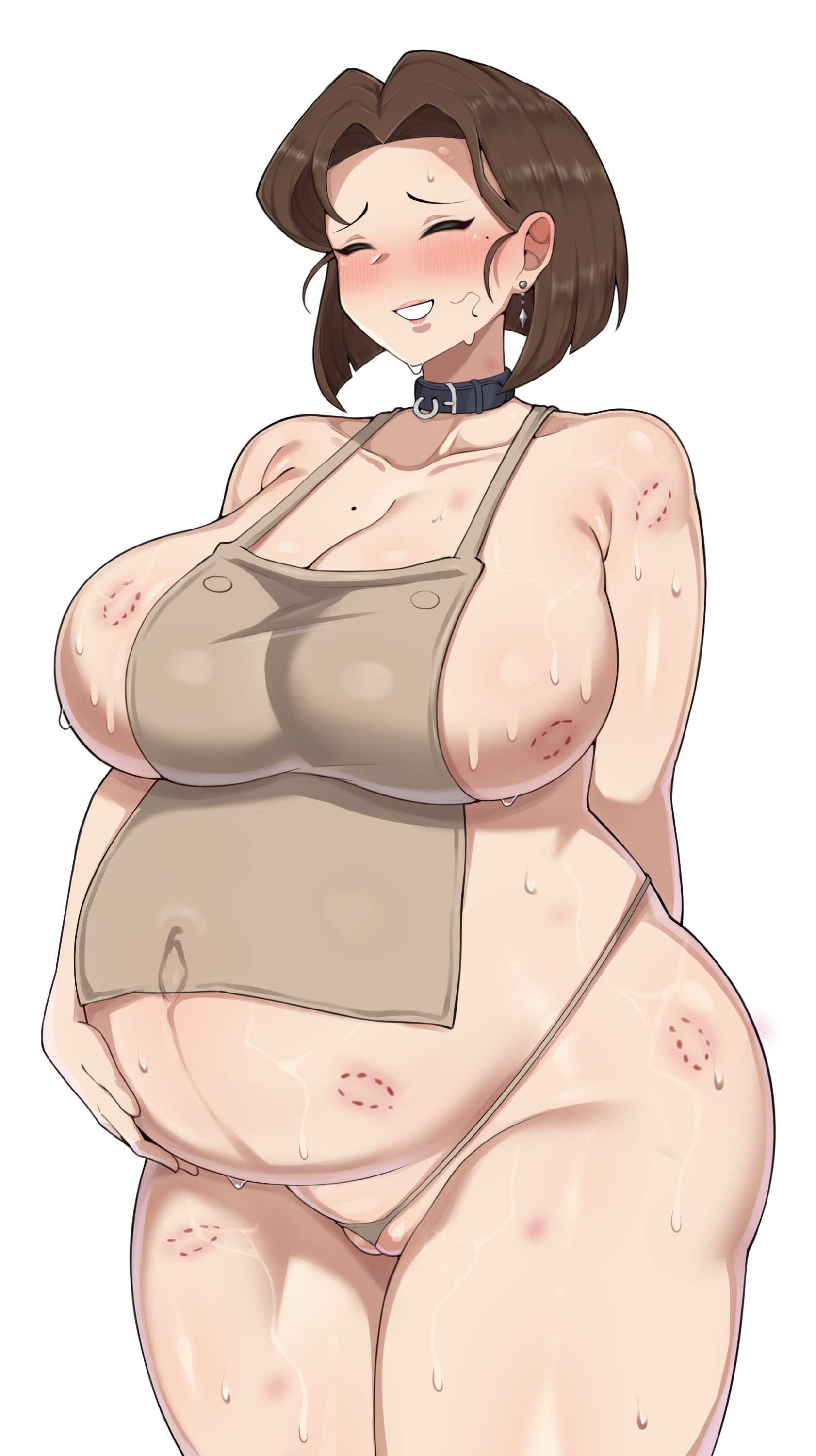 intruder (1391685345), highres, 1girl, apron, arm behind back, big belly, bite mark, blush, breasts, brown hair, closed eyes, collar, earrings, hand on own stomach, hickey, jewelry, lipstick mark, mature female, mole, mole on breast, panties, pregnant, short hair, simple background, smile, solo, standing, sweat, thong, underwear, white background