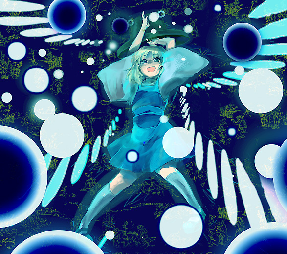 cis (carcharias), moriya suwako, touhou, 1girl, danmaku, female focus, glowing, hat, kneehighs, smile, socks, solo, spell card, wide sleeves