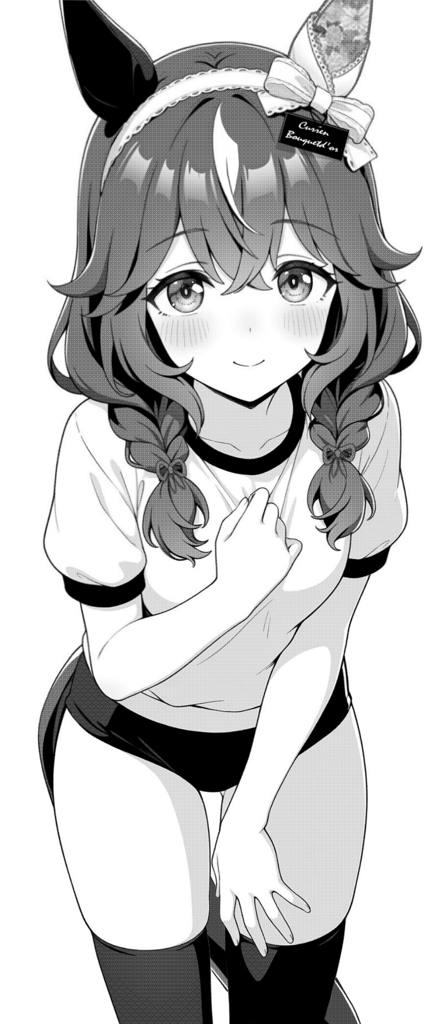 akagi koku, curren bouquetd'or (umamusume), umamusume, commentary, highres, 1girl, animal ears, blush, braid, buruma, closed mouth, collarbone, cowboy shot, greyscale, gym shirt, gym uniform, hair between eyes, hairband, hand on own chest, horse ears, horse girl, horse tail, leaning forward, long hair, looking at viewer, monochrome, shirt, short sleeves, simple background, smile, solo, tail, thighhighs, twin braids