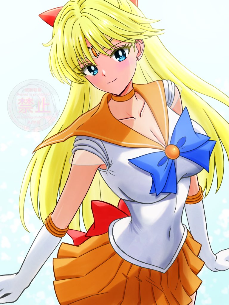 rai3star, aino minako, sailor venus, bishoujo senshi sailor moon, 1girl, back bow, blonde hair, blue eyes, bow, choker, earrings, elbow gloves, gloves, hair bow, jewelry, long hair, orange choker, orange sailor collar, orange skirt, red bow, sailor collar, sailor senshi uniform, skirt, smile, solo, white gloves