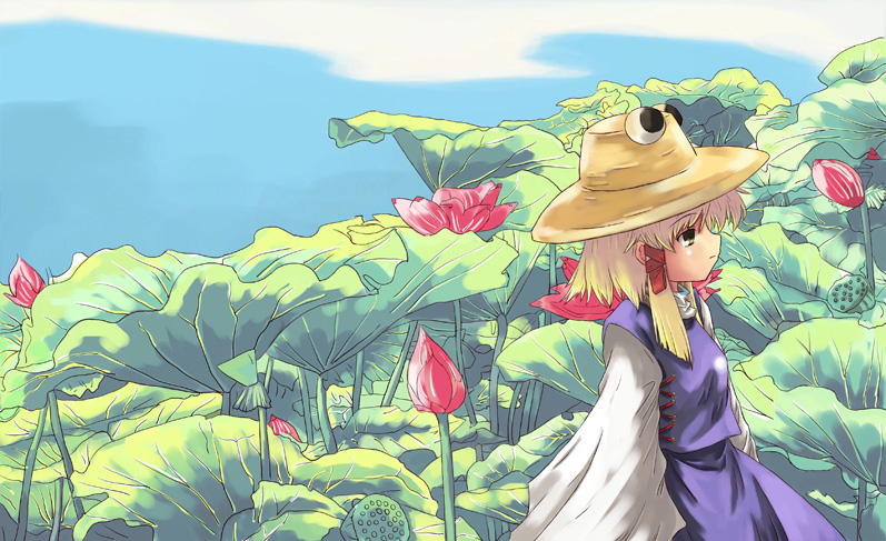 moriya suwako, touhou, 1girl, blonde hair, blue sky, day, dress, extra eyes, female focus, flower, hat, long sleeves, outdoors, plant, profile, purple dress, sidelocks, sky, solo, sweater, upper body, wide sleeves