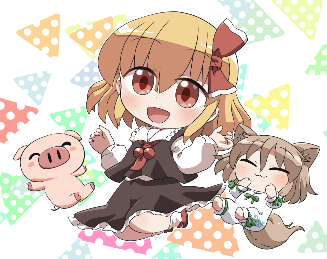 rokugou daisuke, kudamaki tsukasa, rumia, touhou, commentary request, 2girls, :3, :d, animal ear fluff, animal ears, ascot, barefoot, black skirt, black vest, blonde hair, blush, brown hair, chibi, chibi only, closed eyes, closed mouth, collared shirt, colorful background, fox ears, fox girl, fox tail, frilled skirt, frills, full body, hair between eyes, hair ribbon, long sleeves, looking at viewer, multiple girls, open mouth, pig, red ascot, red eyes, red ribbon, red shoes, ribbon, romper, shirt, shoes, short hair, short sleeves, signature, skirt, skirt set, smile, socks, tail, vest, white romper, white shirt, white socks