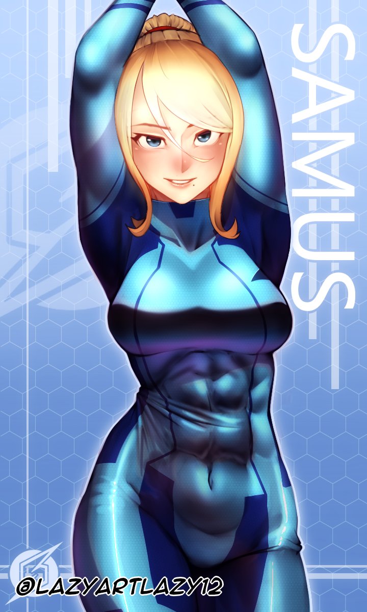 lazyartlazy12, samus aran, metroid, nintendo, highres, 1girl, abs, arms up, blonde hair, blue eyes, blush, breasts, large breasts, looking at viewer, navel, parted lips, ponytail, skin tight, solo, twitter username, zero suit