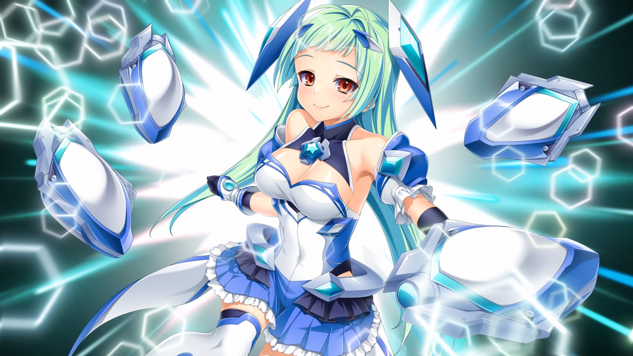 kamitsurugi ouka, exs-tia aqua, kunijima chiaki, kouyoku senki exs-tia concert, game cg, non-web source, official art, 1girl, aqua hair, armpits, bare shoulders, black gloves, blue skirt, blunt bangs, breasts, chest jewel, cleavage, closed mouth, collarbone, covered navel, detached sleeves, floating, floating hair, floating headgear, floating object, floating weapon, frilled skirt, frills, gloves, green hair, hair intakes, headgear, large breasts, leotard, long hair, looking at viewer, magical girl, mecha musume, miniskirt, orange eyes, pleated skirt, red eyes, skirt, smile, solo, thighhighs, very long hair, white leotard, white thighhighs, zettai ryouiki