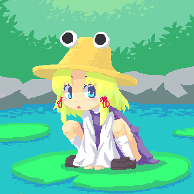 moriya suwako, touhou, lowres, 1girl, brown hat, brown shoes, female focus, hat, kneehighs, lily pad, oekaki, shoes, socks, solo, white socks