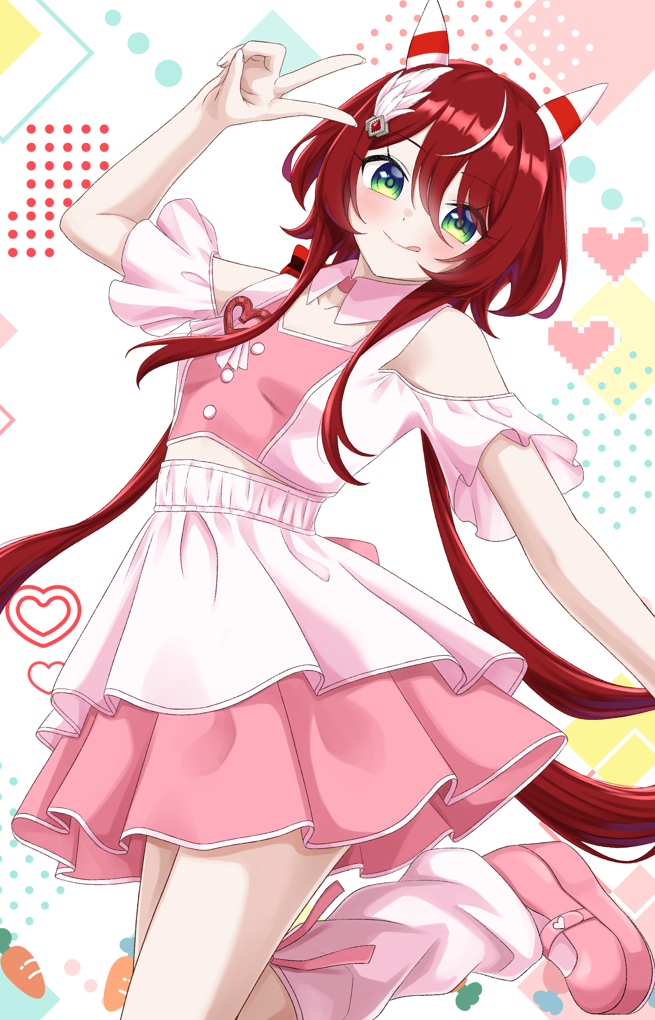 kanameyuzuriha, win variation (umamusume), umamusume, absurdres, commentary request, highres, 1girl, :p, alternate costume, blush, breasts, clothing cutout, green eyes, hair between eyes, hair ornament, heart, horse girl, looking at viewer, low twintails, meni shuki rush-sshu!, shoulder cutout, simple background, small breasts, solo, standing, standing on one leg, tongue, tongue out, twintails, v