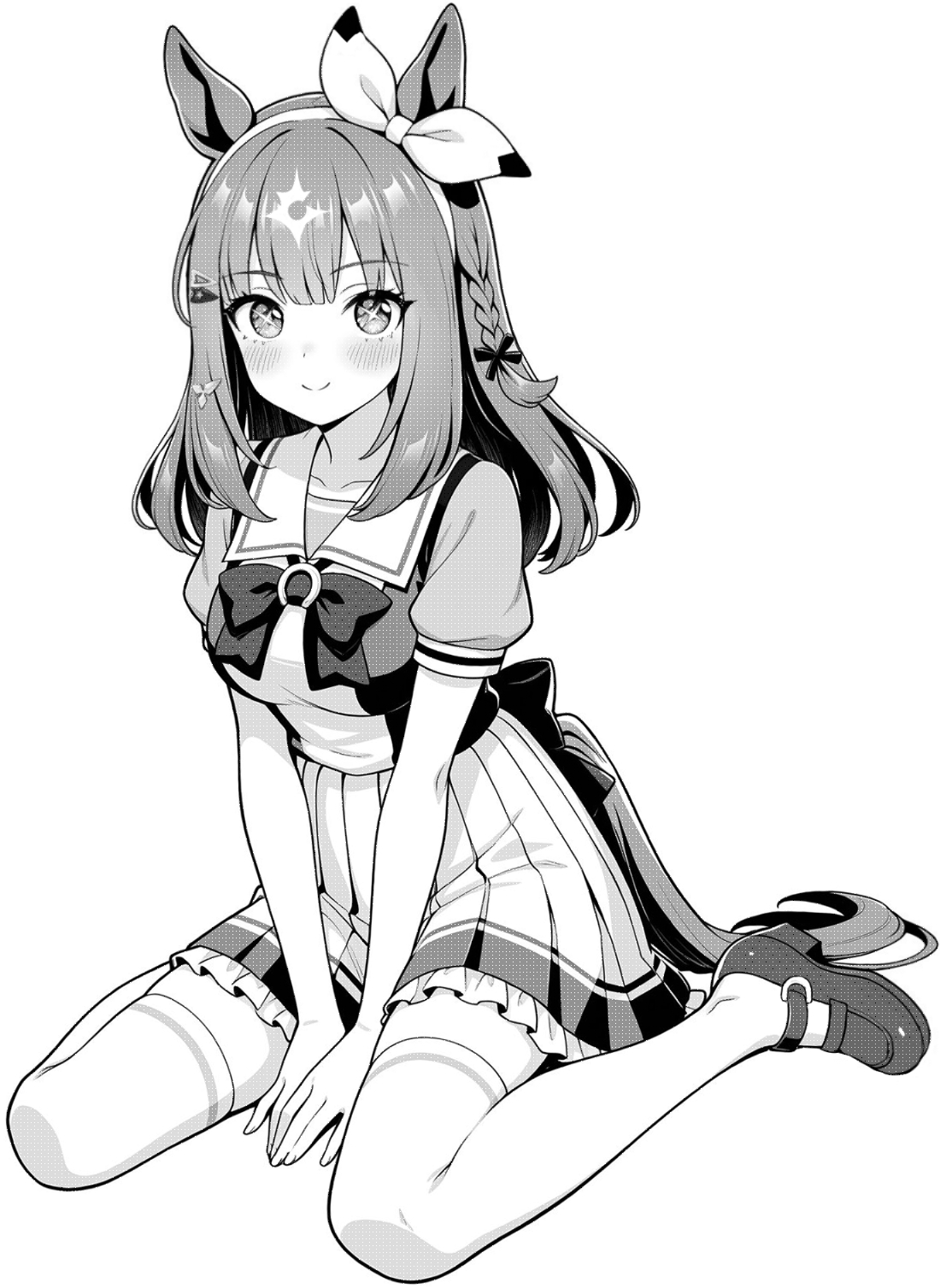 akagi koku, almond eye (umamusume), umamusume, commentary, highres, + +, 1girl, animal ears, back bow, blush, bow, bow hairband, bowtie, breasts, closed mouth, collarbone, frilled skirt, frills, full body, greyscale, hairband, horse ears, horse girl, horse tail, large breasts, long hair, looking at viewer, monochrome, pleated skirt, sailor collar, school uniform, shirt, shoes, short sleeves, simple background, sitting, skirt, smile, solo, tail, thighhighs, tracen school uniform, wariza, zettai ryouiki