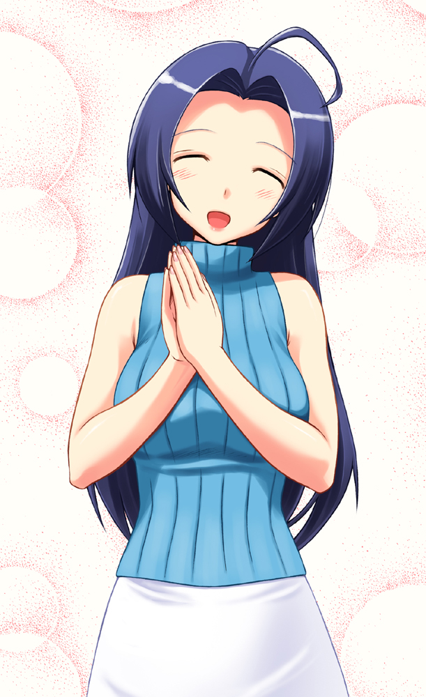 takayaki, miura azusa, idolmaster, idolmaster (classic), idolmaster 1, 00s, 1girl, ahoge, bare shoulders, black hair, bubble, closed eyes, female focus, happy, long hair, open mouth, own hands together, sleeveless, sleeveless turtleneck, solo, turtleneck