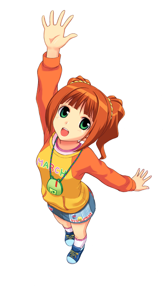 takayaki, takatsuki yayoi, idolmaster, idolmaster (classic), idolmaster 1, 00s, 1girl, arm up, female focus, green eyes, open mouth, raglan sleeves, red hair, skirt, solo, twintails