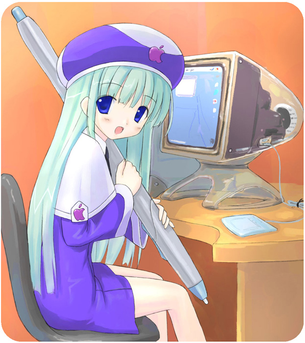 takayaki, apple inc., macintosh, os-tan, character request, blue eyes, computer, computer keyboard, drawing tablet, green hair, hat, imac, long hair, looking at viewer, personification, solo, stylus