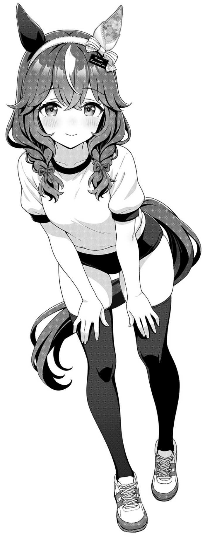akagi koku, curren bouquetd'or (umamusume), umamusume, commentary, highres, 1girl, animal ears, blush, braid, buruma, closed mouth, collarbone, full body, greyscale, gym shirt, gym uniform, hair between eyes, hairband, horse ears, horse girl, horse tail, long hair, looking at viewer, monochrome, shirt, shoes, short sleeves, simple background, smile, sneakers, solo, standing, tail, thighhighs, twin braids