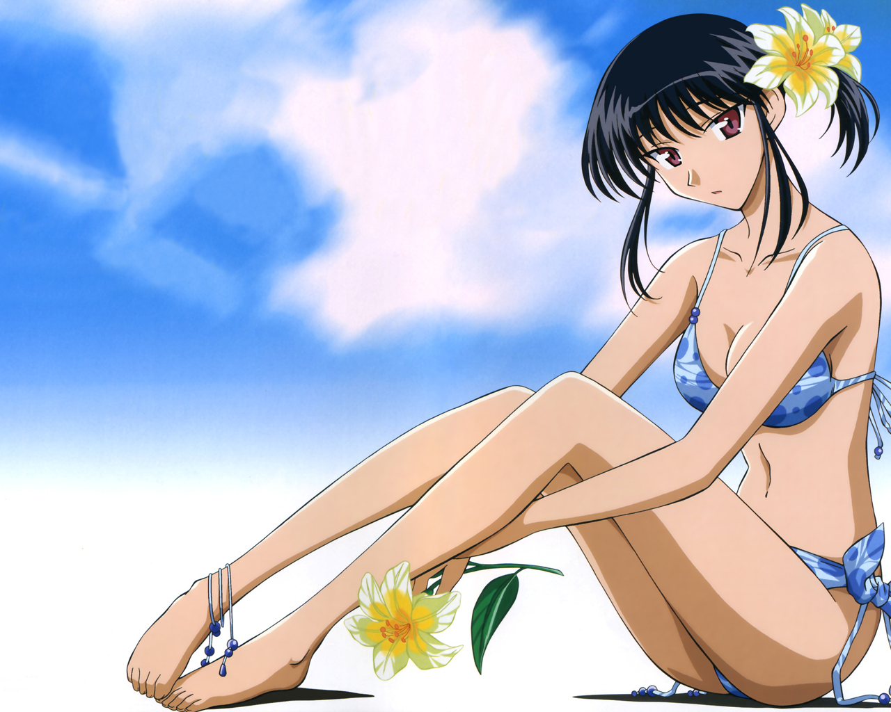hara yumiko, tsukamoto yakumo, school rumble, 00s, 1girl, bikini, black hair, blue bikini, breasts, cleavage, day, female focus, flower, legs, long legs, polka dot, polka dot bikini, red eyes, short hair, side-tie bikini bottom, solo, swimsuit