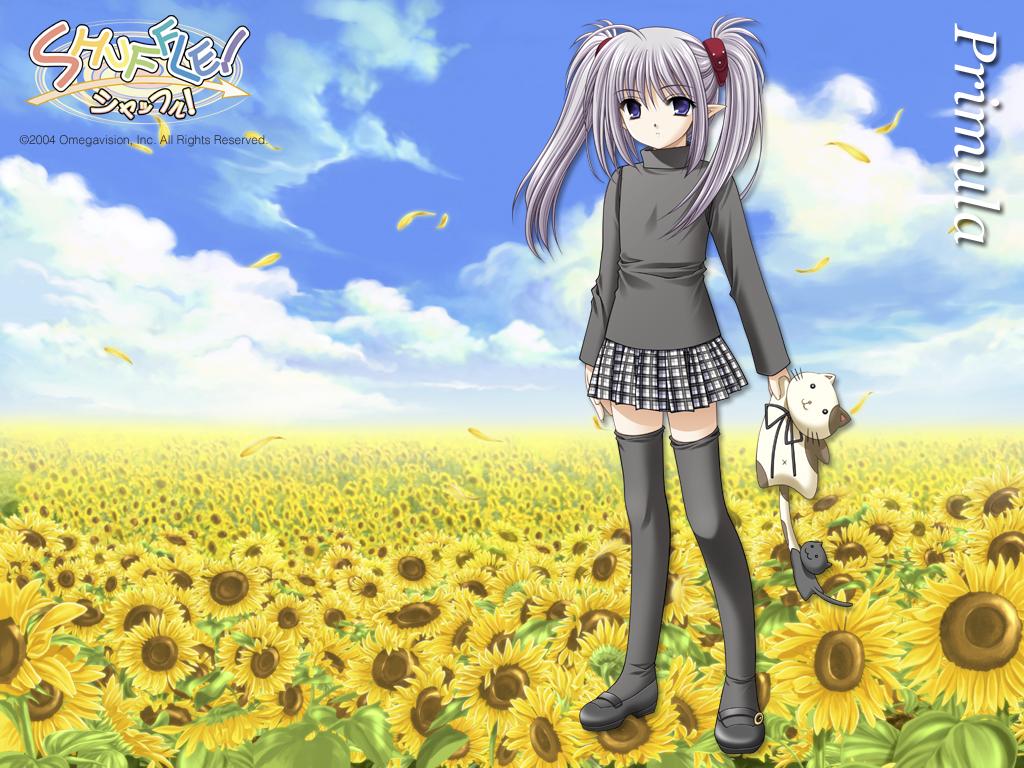 nishimata aoi, primula, shuffle!, silver hair, official art, 00s, 1girl, blue eyes, female focus, flower, skirt, solo, stuffed animal, stuffed cat, stuffed toy, thighhighs, twintails, zettai ryouiki