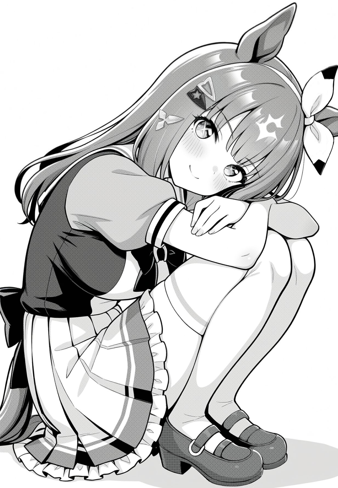 akagi koku, almond eye (umamusume), umamusume, commentary, highres, + +, 1girl, animal ears, back bow, blush, bow, bow hairband, bowtie, breasts, closed mouth, frilled skirt, frills, full body, greyscale, hairband, horse ears, horse girl, horse tail, hugging own legs, knees up, large breasts, long hair, looking at viewer, monochrome, pleated skirt, sailor collar, school uniform, shirt, shoes, short sleeves, simple background, sitting, skirt, smile, solo, tail, thighhighs, tracen school uniform