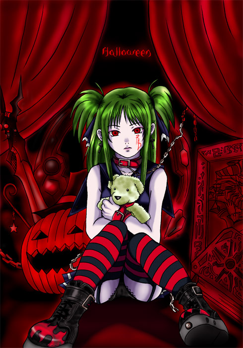 hishimiya tsugaru, beatmania iidx, bemani, 1girl, female focus, goth fashion, halloween, red eyes, solo, thighhighs